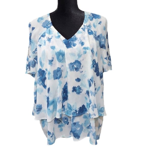 Juicy Couture Layered Ruffled V-Neck White/Blue Cold Shoulder Flowy Top XXL - Picture 3 of 9
